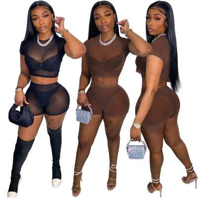 EVE Sexy Mesh Short Sleeve Two Piece Shorts Set GWLS-LD201096
