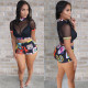 EVE Mesh Short Sleeve Tops And Print Short Suit GWLS-LD9018