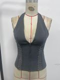 EVE Halterneck Solid Color Zipper V Neck Tank Tops GOMN-71129