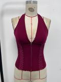 EVE Halterneck Solid Color Zipper V Neck Tank Tops GOMN-71129