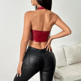 EVE Solid Color Halterneck PU Leather Tie Up Tank Top GOMN-M60397