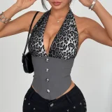 EVE Leopard Patchwork Deep V Neck Halterneck Tank Top GOMN-71047