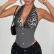 EVE Leopard Patchwork Deep V Neck Halterneck Tank Top GOMN-71047