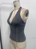 EVE Halterneck Solid Color Zipper V Neck Tank Tops GOMN-71129