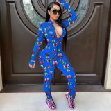 EVE Butterfly Print Zipper Long Sleeve Jumpsuit GWLS-LD201031