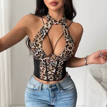 EVE Leopard Print Halterneck Underwire Fishbone Camisole GOMN-71086