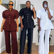 EVE Plus Size Flower-bud Sleeve Buttons Two-piece Pants Set NY-11215