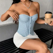 EVE Checkered Button Fishbone Wrap Chest Tank Top GOMN-71198