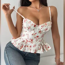 EVE Floral Print Irregular Ruffled Backless Bustier Tank Tops GOMN-71027