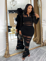 EVE Mesh Patchwork Lapel Long Sleeve Maxi Dress SFY-823