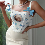 EVE Strappy Backless Fishbone Print Cinched Tank Top  GOMN-D7798