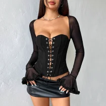 EVE Mesh Patchwork Long Sleeve Tops GOMN-71263