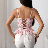 EVE Floral Print Irregular Ruffled Backless Bustier Tank Tops GOMN-71027