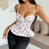 EVE Floral Print Irregular Ruffled Backless Bustier Tank Tops GOMN-71027