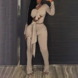 EVE V Neck Tie Up Tight Two PIece Pants Set GZJQ-K25Q87933