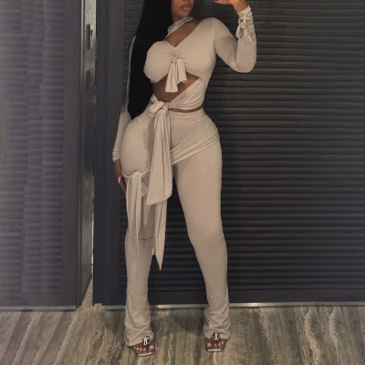 EVE V Neck Tie Up Tight Two PIece Pants Set GZJQ-K25Q87933