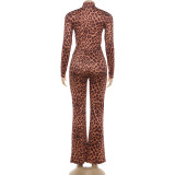 EVE Leopard Print Long Sleeve Top Micro Flare Pants Suit XEF-K25S88816