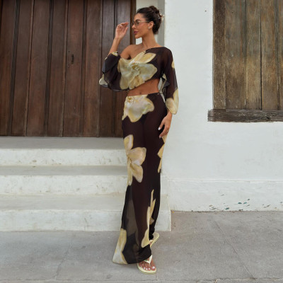 EVE Print One Shoulder Tops Drawstring Long Skirt Suit XEF-K25S88763