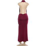 EVE Halterneck Deep V Neck Backless Split Maxi Dress XEF-K25D88788