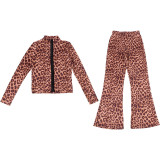 EVE Leopard Print Long Sleeve Top Micro Flare Pants Suit XEF-K25S88816