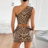EVE Leopard Print Sequin Single Shoulder Top Skirt Suit GZIY-6358