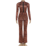 EVE Leopard Print Long Sleeve Top Micro Flare Pants Suit XEF-K25S88816