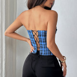 EVE Retro Plaid Patchwork Lace Bandeau Tank Top GOMN-71162