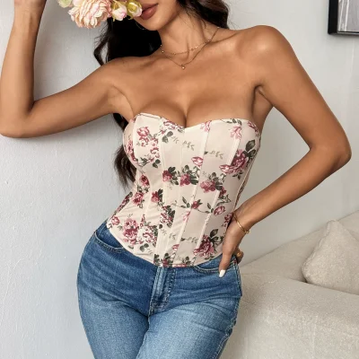 EVE Backless Floral Print Bandeau Fishbone Tank Top GOMN-FL0033