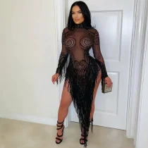 EVE Hot Drll Long Sleeve Tassel Irregular Dress CYA-902191