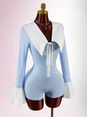 EVE Contrast-Color Collar Bow Tie Romper GXIY-K25L1866