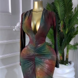 EVE Print Deep V Neck Long Sleeve Long Dress GMSF-9464