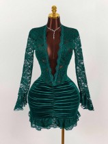 EVE Solid Color Lace Deep V Neck Ruched Mini Dress GXIY-K25L1638