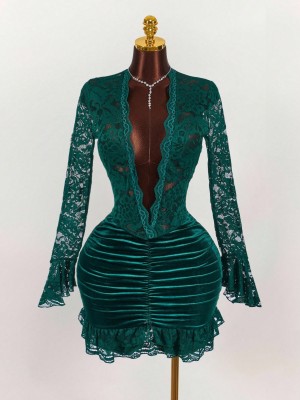 EVE Solid Color Lace Deep V Neck Ruched Mini Dress GXIY-K25L1638