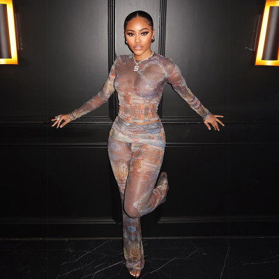 EVE Print Long Sleeve See Through Two Piece Pants Set GSLF-K25S88792