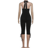 EVE Deep V Neck Drawstring Pleated Tank Top Seven-Tenths Pants Suit GSLF-K25S86622