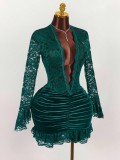 EVE Solid Color Lace Deep V Neck Ruched Mini Dress GXIY-K25L1638