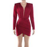 EVE Long Sleeve Ruched Deep V Neck Mini Dress GSLF-K25D86419