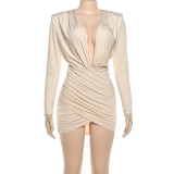 EVE Long Sleeve Ruched Deep V Neck Mini Dress GSLF-K25D86419