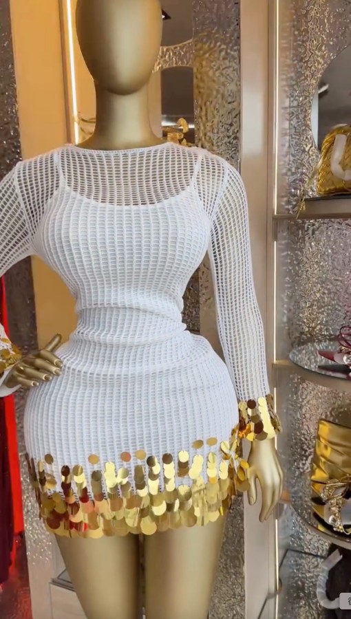 EVE Hollow Out Long Sleeve Sequin Mini Dress GCNE-73456