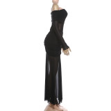 EVE Mesh See Through Ruched Maxi Dress GYME-K25D87298