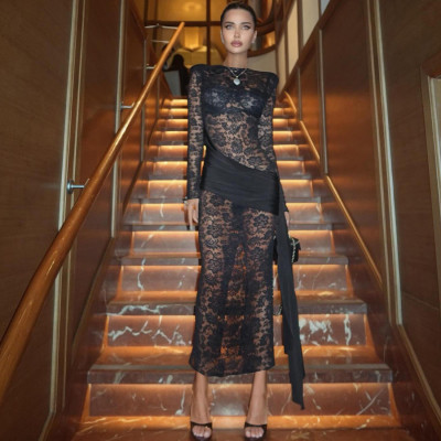 EVE Long Sleeve See Through Split Maxi Dress GYME-K25D88760