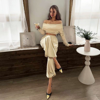 EVE Off Shoulder Long Sleeve Two Piece Pants Set GYME-K25S89290