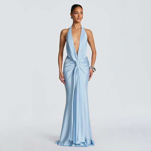 EVE Solid Color Deep V Neck Backless Maxi Dress GYME-K25D86748