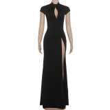 EVE Solid Color Short Sleeve Split Maxi Dress GYME-K25D87967