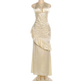EVE Solid Color V Neck Backless Ruched Maxi Dress GYME-K25D87466