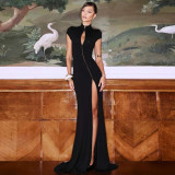 EVE Solid Color Short Sleeve Split Maxi Dress GYME-K25D87967