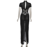 EVE See Through Patchwork Split Maxi Dress GYME-K25D86944