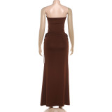 EVE Solid Color Wrap Chest Bodysuit Drawstring Long Skirt Suit  GYME-K25S88877