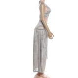 EVE Sexy Halterneck Tie Up Tops Ruched Long Skirts Suit GYME-K25S87460