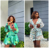 EVE Deep V Neck Print Ruffles Romper GMYU-2916